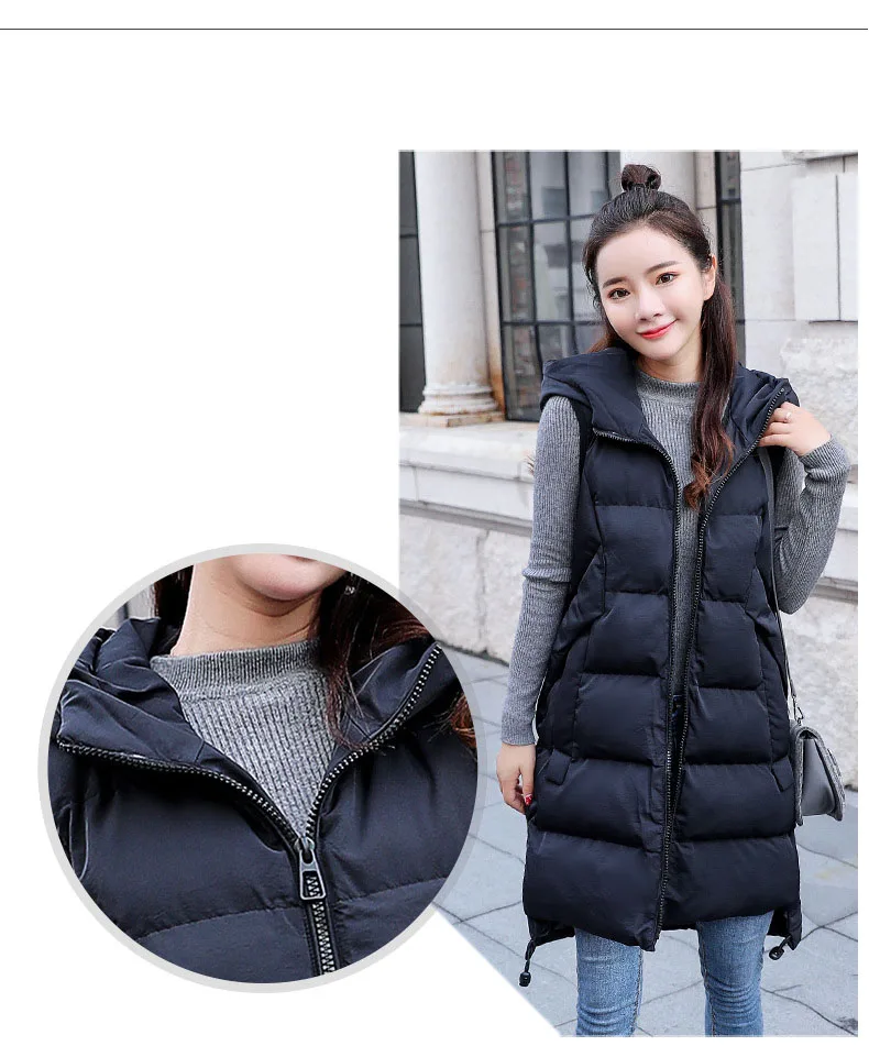 Women mid-length cotton hooded vest coat autumn winter new Ladies hooded outer wear Korean loose vest jacket Lady