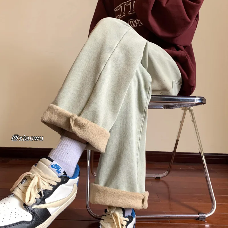 Winter Fleece Jeans Men Warm Fashion 3 Colors Casual Baggy Straight Jeans Men Streetwear Loose Denim Pants Mens Trousers M-2XL