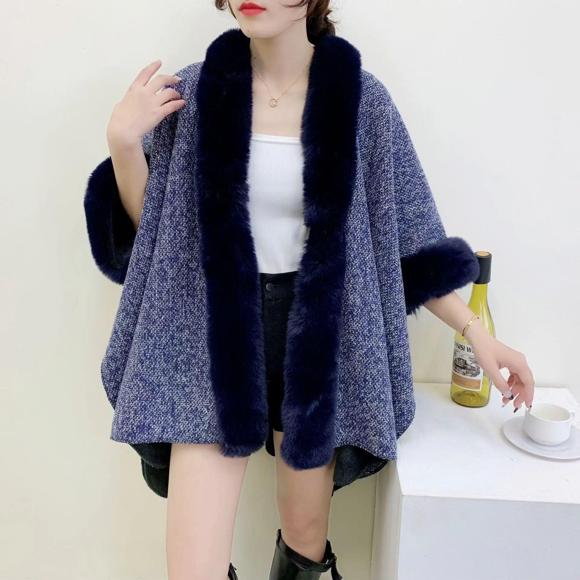 Classic Split Towel Flannel Composite Women's Faux Fur Rex Rabbit Shawl Female E-commerce Processing Customization Cardigan