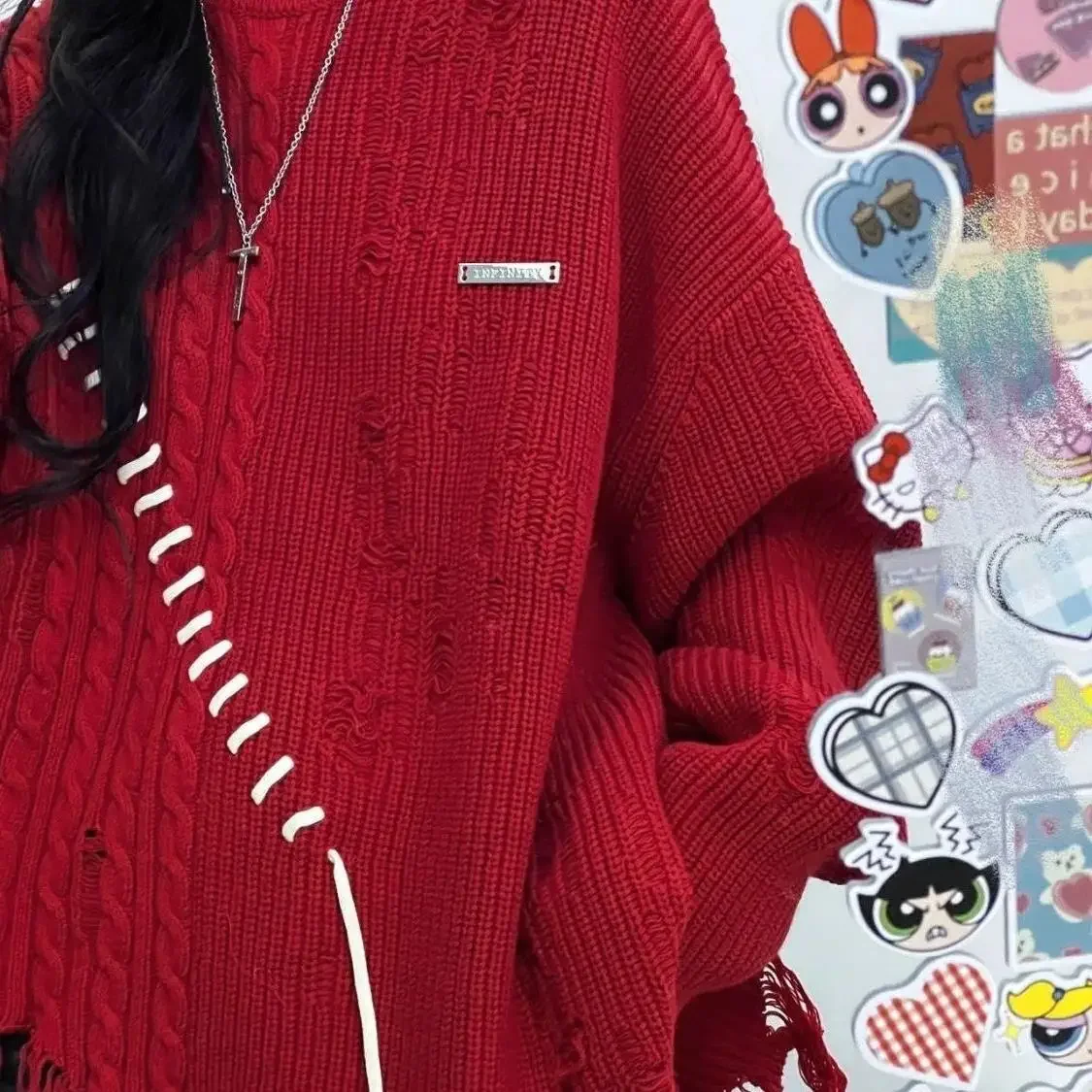 Осень/зима 2024 новый винтажный красный свободный крой мягкий и эластичный вязаный