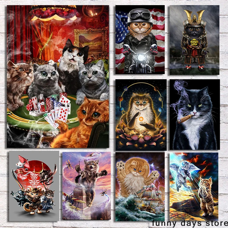 

Interesting Aviator Cat, Play Poker, Play Guitar Samurai Motorcycle Poster Canvas Painting Mural Picture Kids Room Home Decor