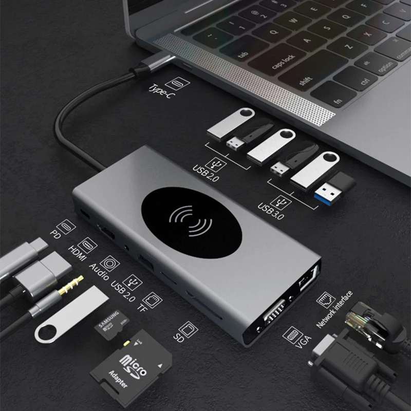 

15 In 1 Docking Station USB HUB Type C To HDMI-Compatible Wireless Charging USB 3.0 Adapter Type C HUB Dock Station