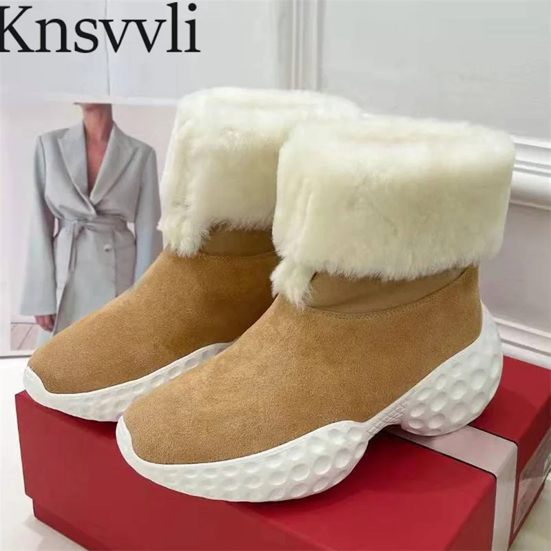 

Зимние ботинки на толстой подошве с мехом, женские замшевые ботинки из коровьей кожи на плоской подошве, зимняя женская обувь с круглым носком и шерстью
