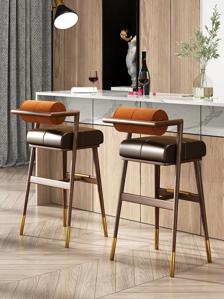 

Italian luxury solid wood bar chair creative Nordic backrest high chair retro bar chair front desk high stool