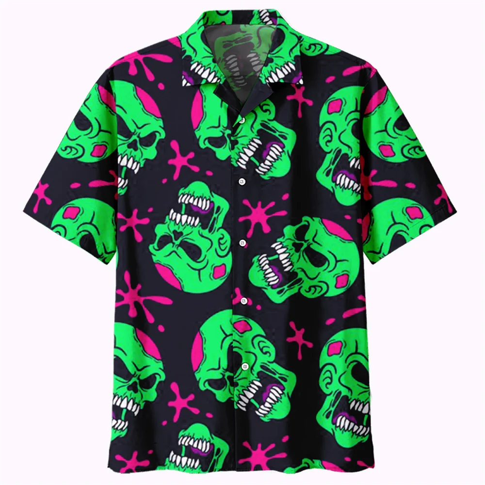 3d Cuban Collar Skull Print Shirt for Men Short Sleeve Vintage Hip Hop Party Fashion Hawaiian Men's Shirt Clothing Casual Blouse