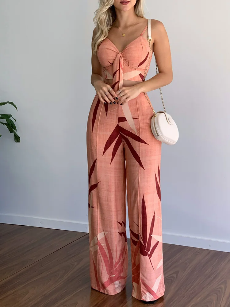 

Leaf Print Backless Spaghetti Strap Cami Tops & High Waist Wide Leg Pants Set Summer Women Two Piece Set