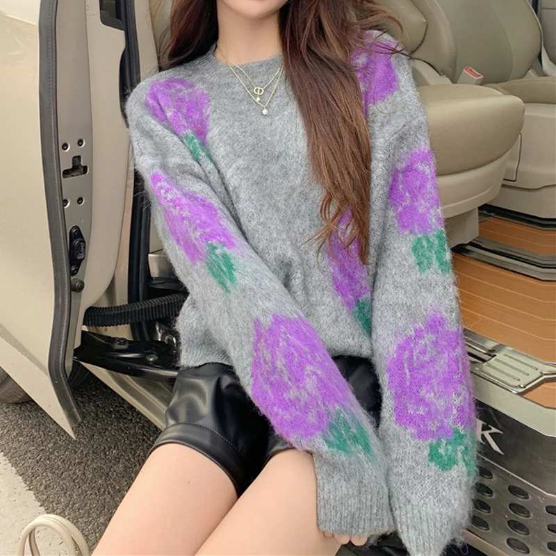 

Винтажный жаккардовый свободный короткий топ, верхняя одежда, осень/зима, новый свитер с длинным рукавом, милый цветной пуловер с О-образным вырезом, джемпер 28943