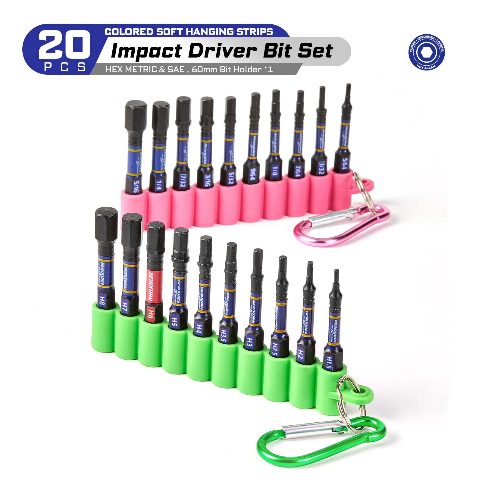 

Набор шестигранных отверток Geinxurn Impact, 2-дюймовые магнитные биты S2 (1.5-8) и держатель бит с мягкими подвесными полосками