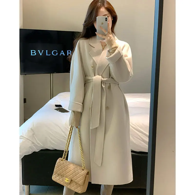 

Korea White Trench Coat With Belt Woman Winter Autumn Turn Down Collar Double Breasted Thick Warm Chic Long Ladies Coat Outwear
