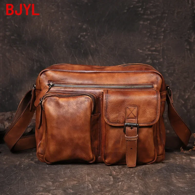 

Niche Design Leather Retro Men's Handbag Handmade Casual Multi-compartment Shoulder Messenger Bag Travel Men Bags Vintage Soft