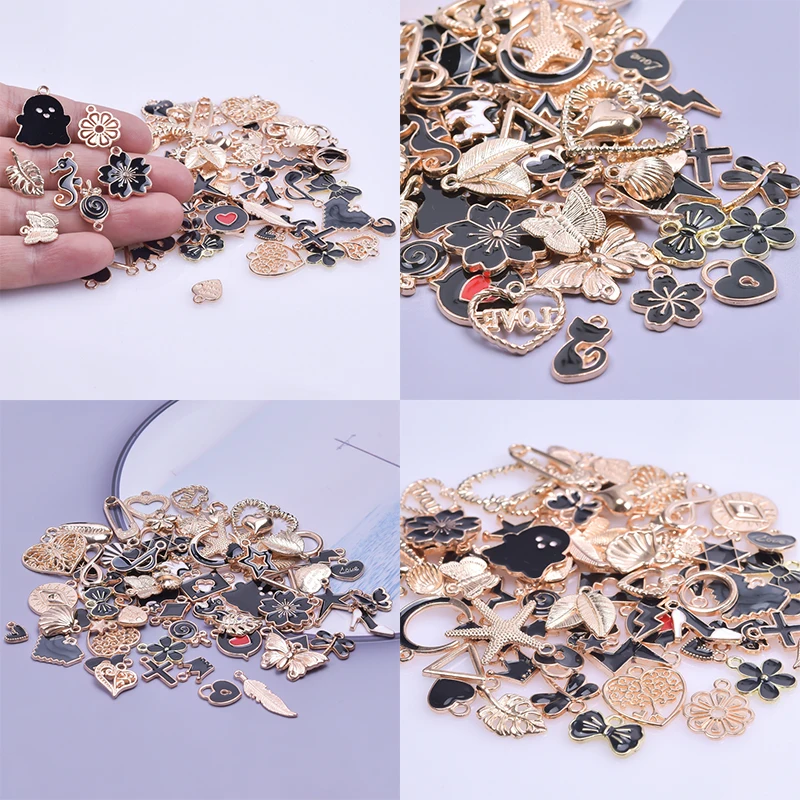 

10PCS/Lot Bulk Black Drip Oil Gold Alloy Enamel Random Mixed Connecting Pendant For Jewelry Women Making DIY Hanmade Accessories