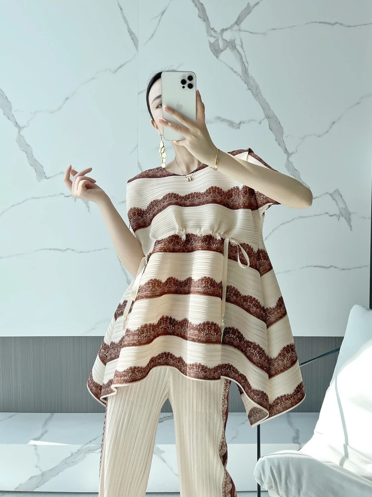 

Miyake jacket Pleated Spring Summer 2023 Suit Fashion Stripe Lace Short Sleeve Loose Short Shirt Versatile Casual Pants