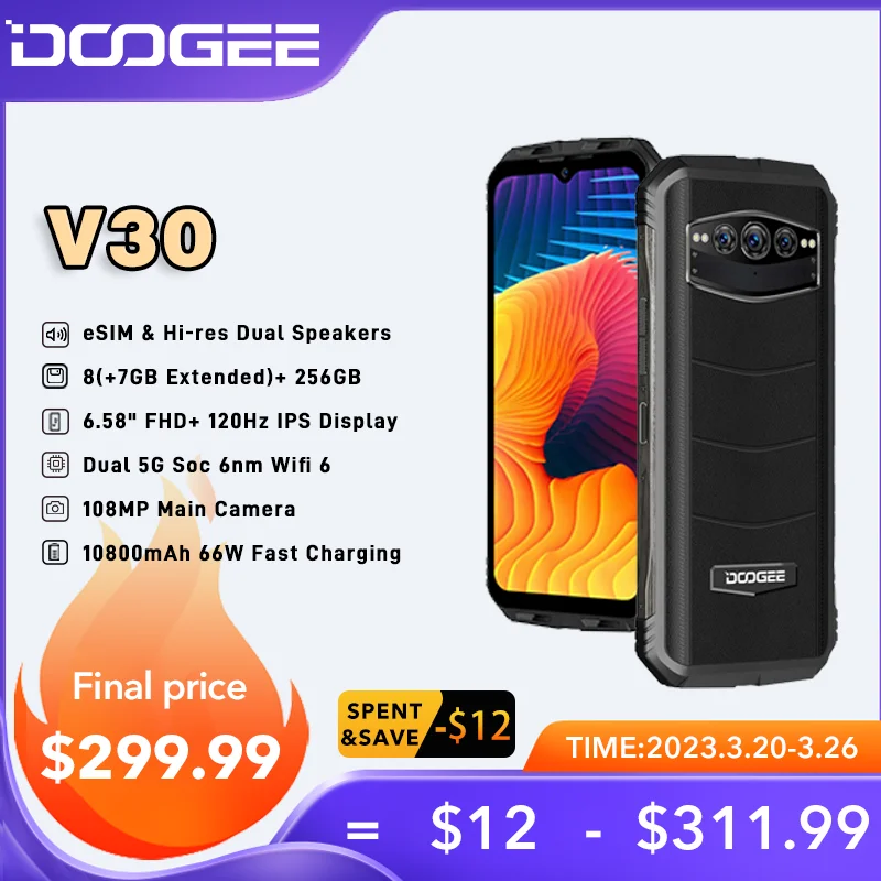 Enlarge DOOGEE V30 eSIM Dual Speakers 5G Rugged Phone 8+256GB Dimensity 900 Wifi 6 Soc 6nm 6.58