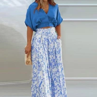 1 set crop top pants floral print elastic waistband wide loose outfit summer relaxed fit printed pants set streetwear