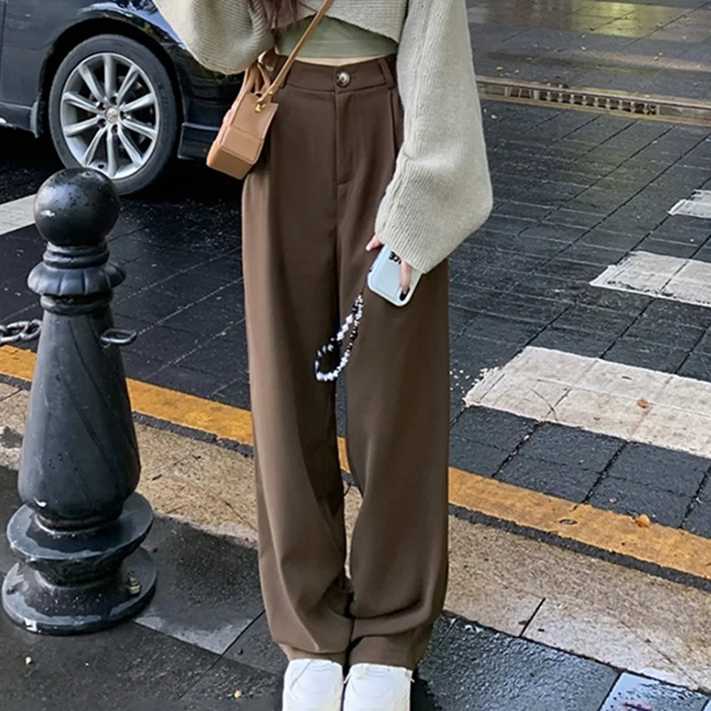 

Solid Casual Women Pants Vintage Elastic Waist Folds Straight Trousers Korean Fashion Office Ladies Baggy Suit Pant pantaloni