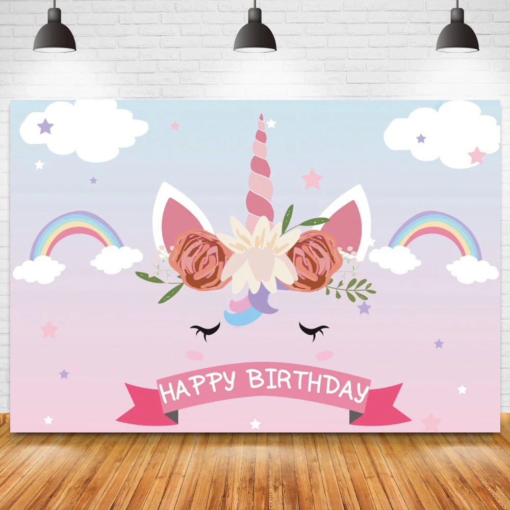 

Радуга облака Единорог девочка принцесса фон торт разбивать стол Декор счастливого дня рождения ребенка Baby Shower фотографии фоны