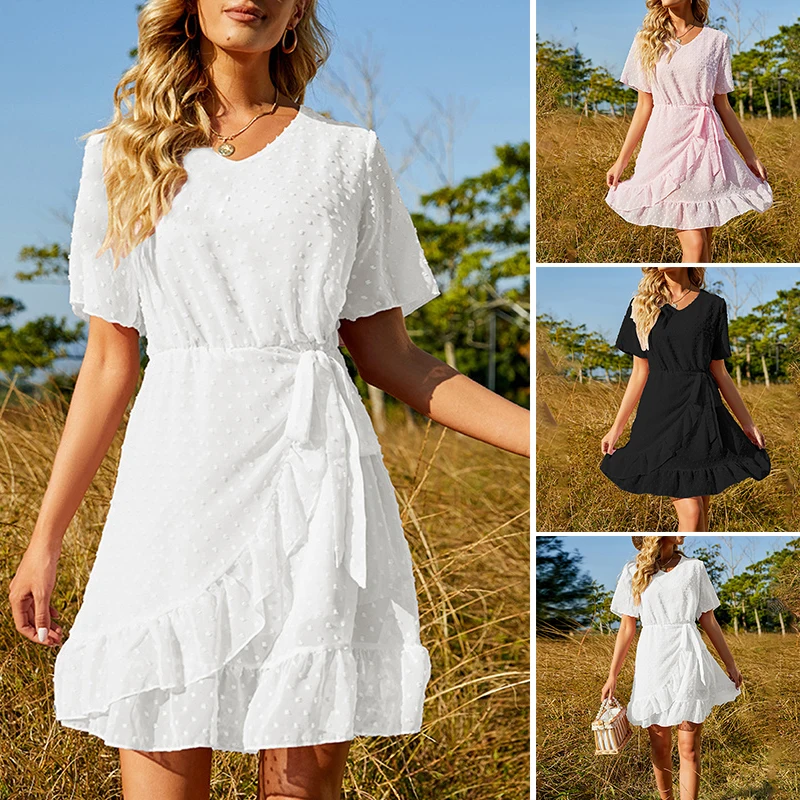 

Women's Summer Casual Dress Fashion Elegant Chiffon Short Sleeve Dress H9
