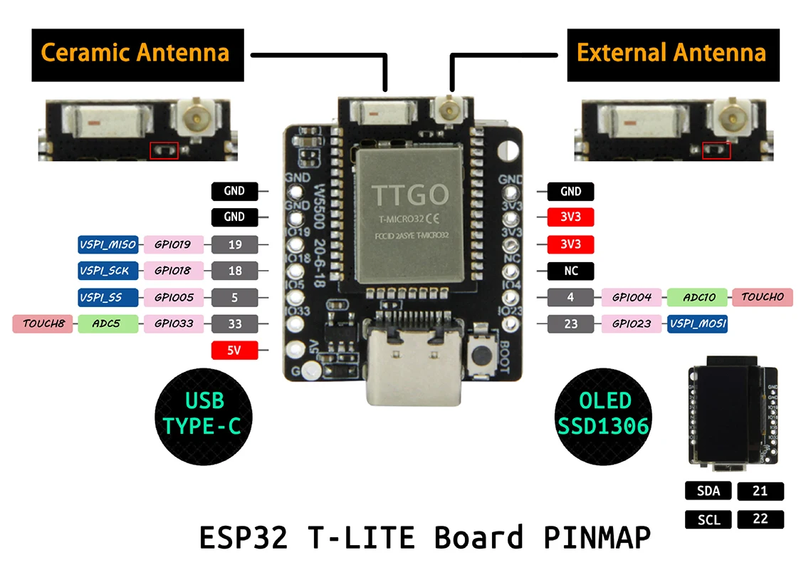 Плата разработки для программирования TTGO T-Lite W5500 ESP32 основной чип SSD1306 0 96 дюйма Oled