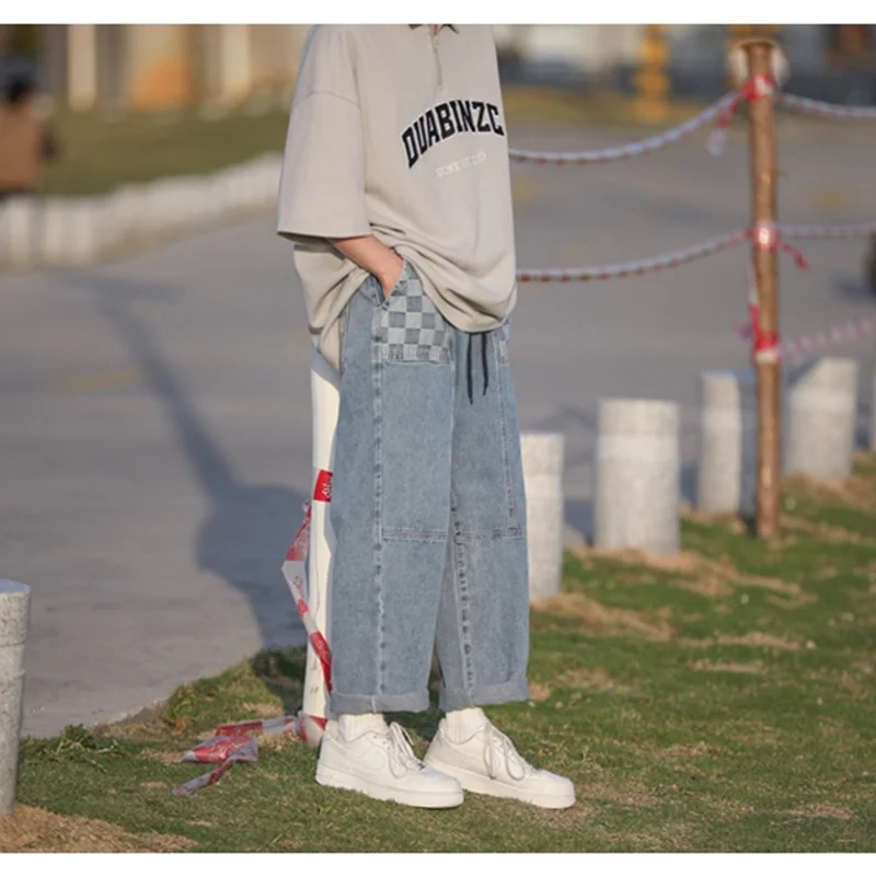 Men Clothing 2022 New Pattern Vintage Chessboard Splicing Recreational Blue Jeans Loose Straight Cylinder Trousers Autumn Female