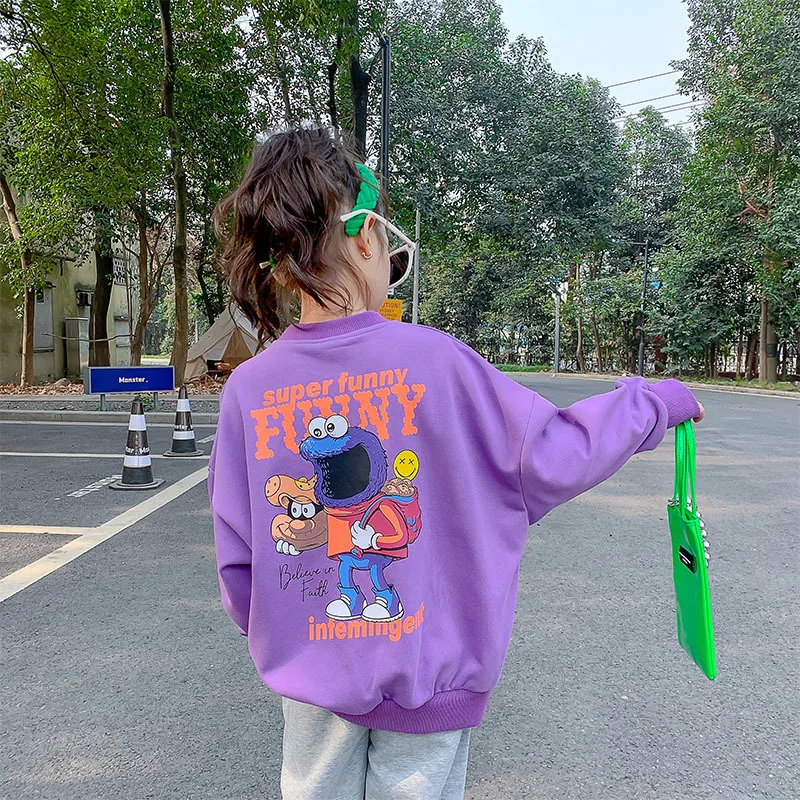 

8 10 years Girls Cartoon Sweatshirt Spring Fall Fashion Casual Cotton Tops Purple White Gray Color Teen Girls Clothes 2022