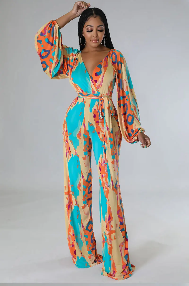 

Women Printed Jumpsuit V Neck Wide Leg with Waist Belt Long Sleeve Sexy One Piece Rompers Spring