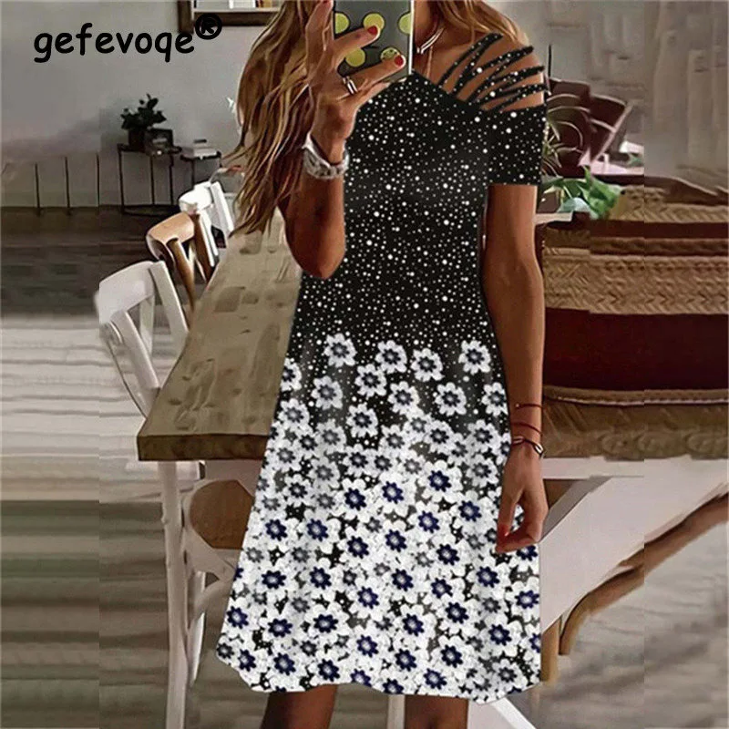 

Женское ажурное платье с открытыми плечами, винтажное пикантное мини-платье с цветочным принтом, повседневные богемные платья с коротким р...