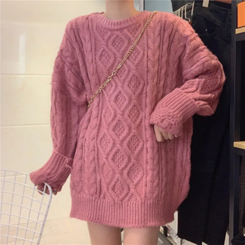

Women 2021 New Fashion Cotton Cashmere Plus Size Sweater Women Casual Loose Twist Hedging Mid-length Women Solid Color Sweater