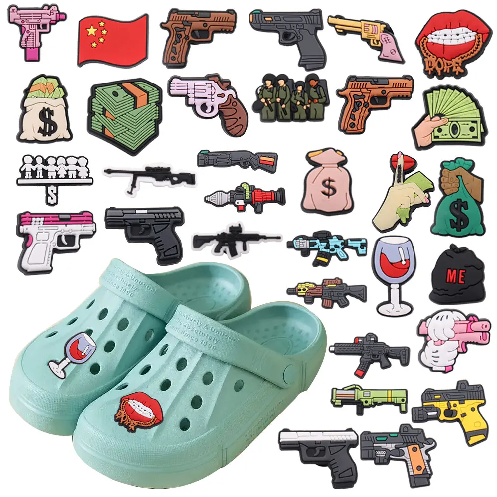 

New Arrival 1pcs Shoe Charms Toy Guns Revolver Money Purse Accessories PVC Kids Shoe Buckle Fit Wristbands Birthday Present