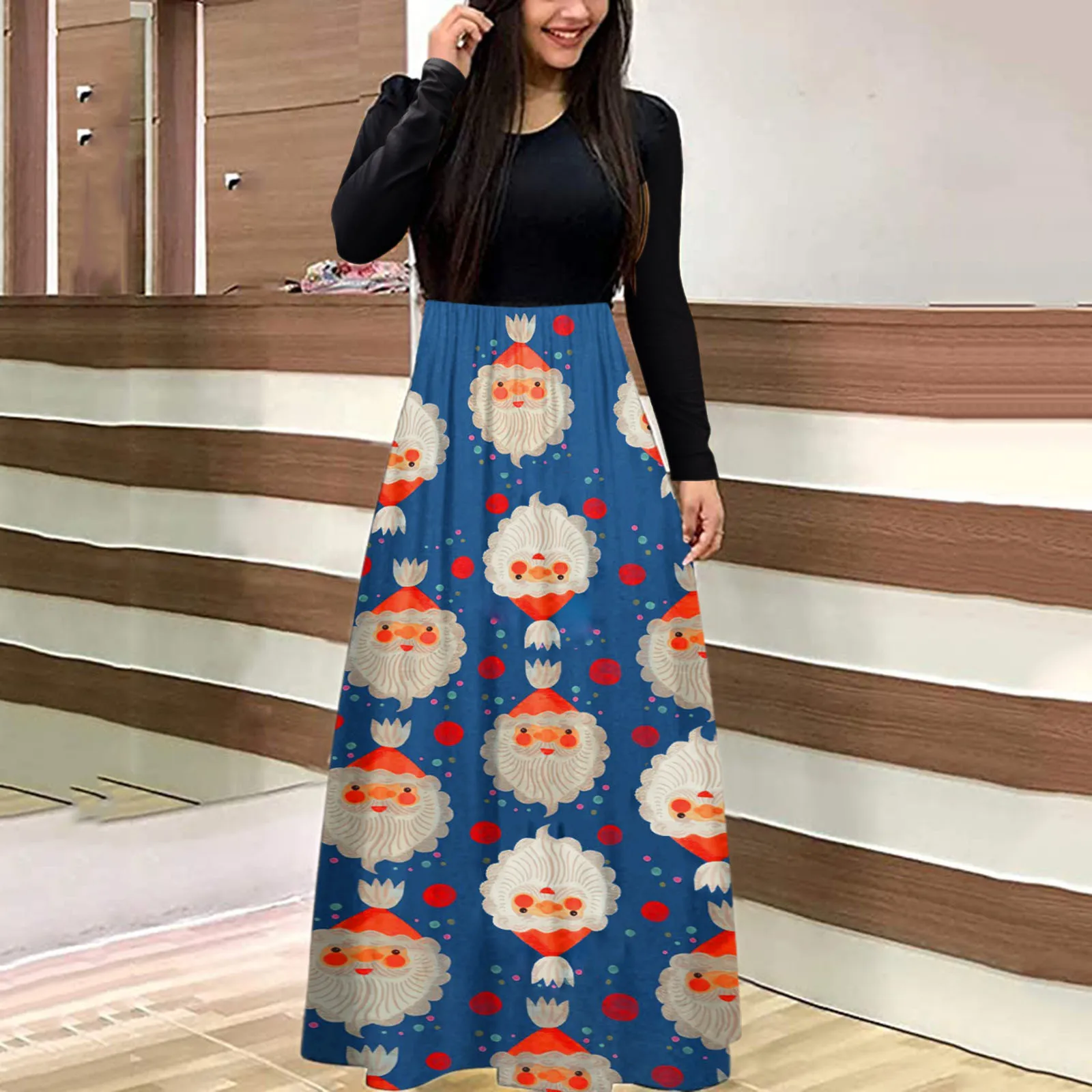 

Женское рождественское модное платье с принтом, платье с длинным рукавом и круглым вырезом до щиколотки, повседневное свободное женское пл...