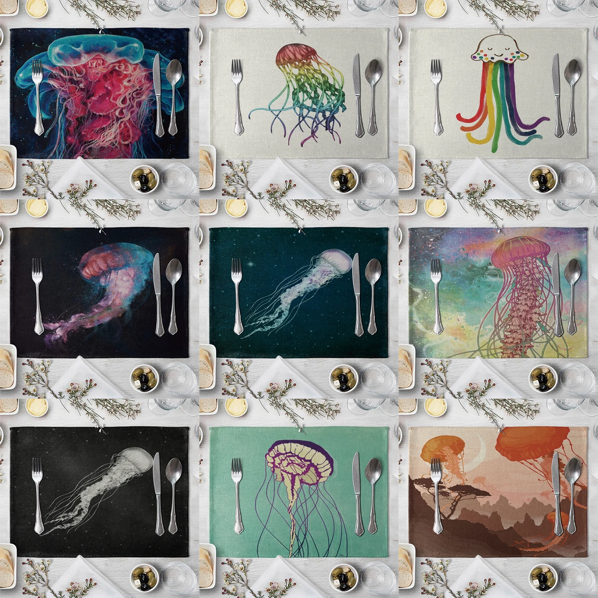 

ZHENHE, фантастическая подстилка под тарелку с изображением медузы, хлопчатобумажные льняные тканевые коврики для стола, семейная столовая по...