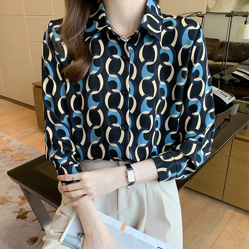 

Chiffon Women's Blouse Casual Polo Girl's Shirt Summer Loose Long Sleeve Top Fashion Print Female Clothing