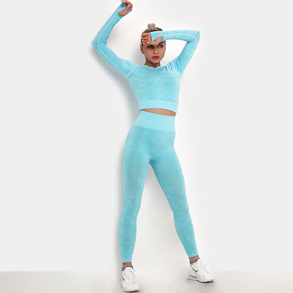 2Pcs Gym Set Women Seamless Yoga Set Workout Clothes For Women Sportswear Long Sleeve Shirts Yoga Leggings Fitness Sport Suit