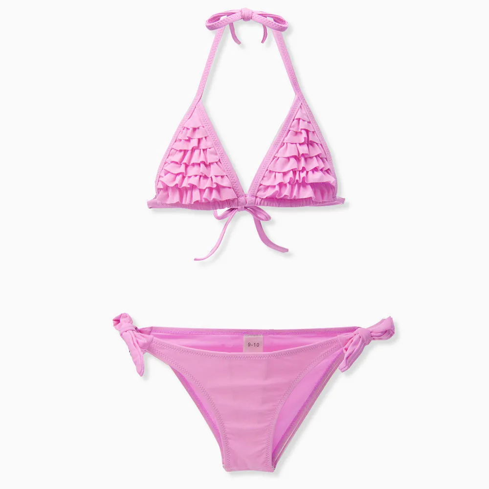 

4 Colors Solid Falbala Kids Girls Swimwear Swimsuit Ruffle Chilren Bandage Bikinis 2023 Summer Baby Two Pieces Biquini Infantil