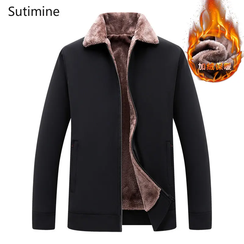 Coat Men Winter Turn-down Collar  Zipper Men's Cashmere Thickened Warm Cotton Padded Clothes Pockets Casual Winter Coat Men
