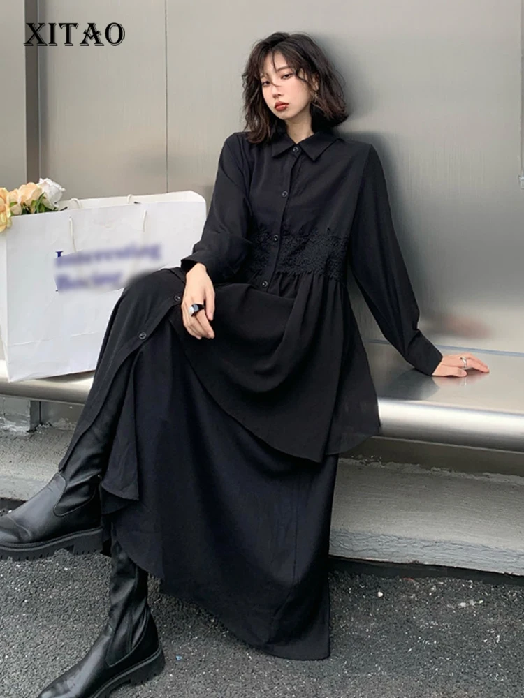 

Женское платье с отложным воротником XITAO, однотонное повседневное свободное платье с длинными рукавами, модель GWJ2961