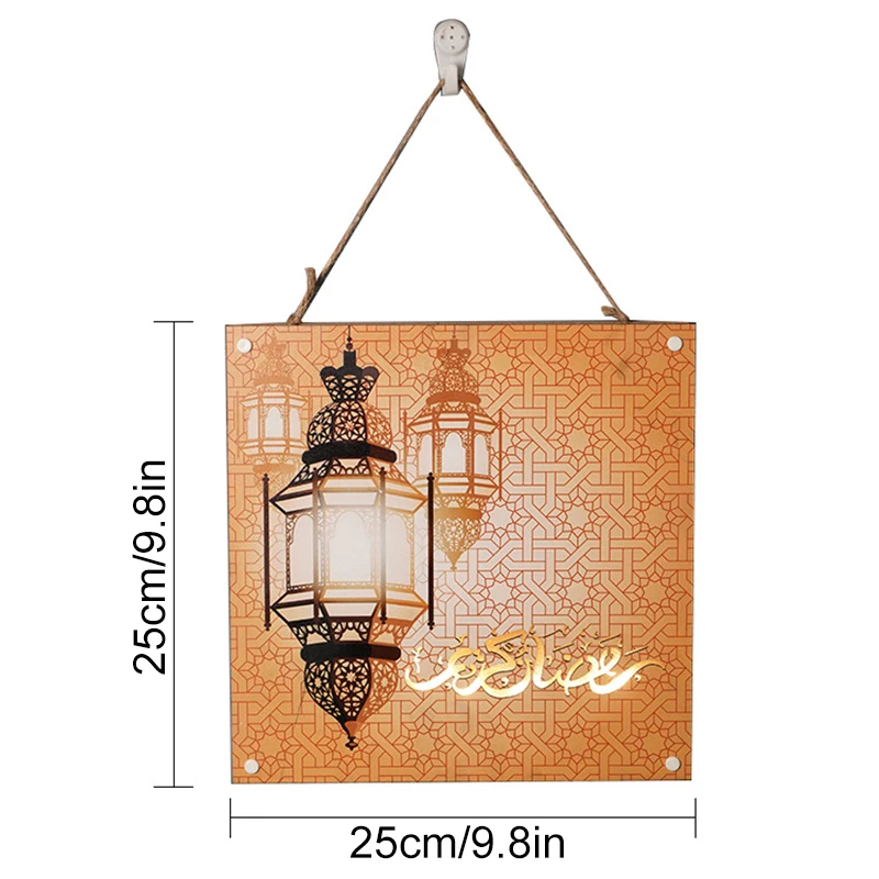 

Eid Mubarak Ornament with Light Hollow Carved Wooden Ramadan Decor Mid East Style Night Light for Festival Home TH