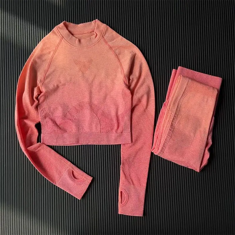 Gradient Yoga Set Women Sport Suit Fitness Long Sleeve Top Elastic Leggings Push Up Workout Gym Running Quick-drying Clothing