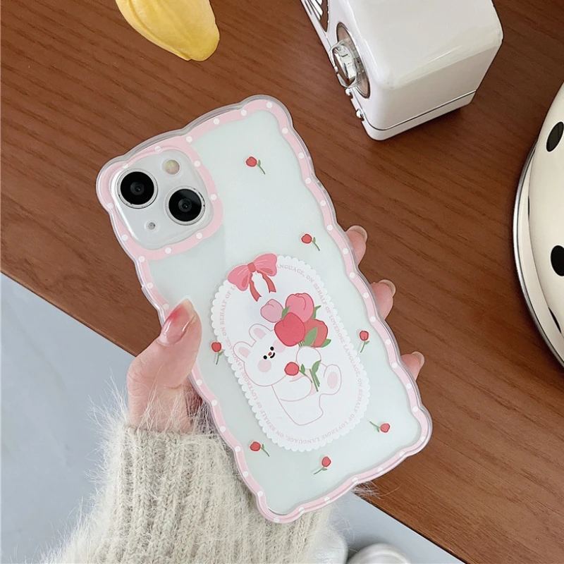 

Cute Bow-knot Flower Rabbit Wave Frame Phone Case For iPhone 13 11 12 Pro Max X XR XS Max MINI 7 8 Plus Cartoon Clear Soft Cover