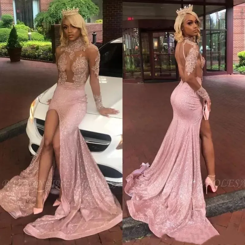 

Сексуальные кружевные вечерние платья с длинным рукавом и высоким воротником, черные кружевные платья для девушек с аппликацией и разрезом...