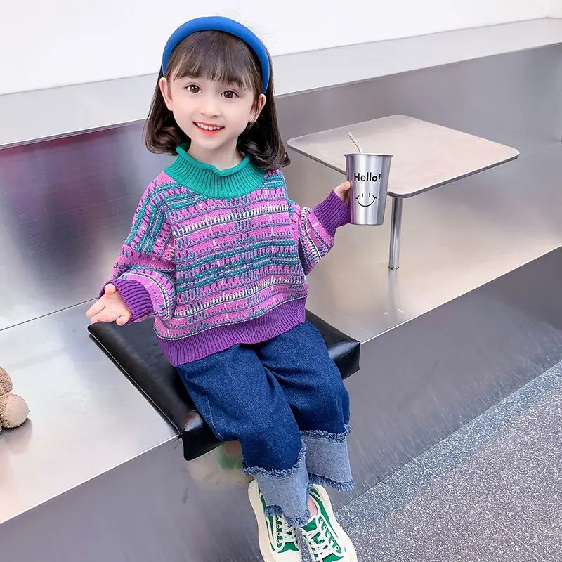 

Autumn And Winter New Children'S Clothing Girls Colorful Sweater Children Half High Collar Knitted Sweater High Quality