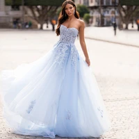 sexy sky blue strapless formal evening dresses lace appliques sleeveless tulle a line prom gowns floor length bridesmaid dresses