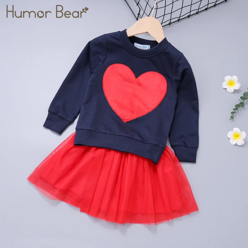

Humor Bear Girl Sweater Suit NEW Autumn Baby Love Stitching Long Sleeve +Mesh Skirts Casual 2PCS Girls Suits Kids Clothing Sets