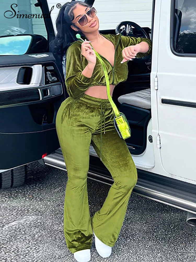 

Simenual, Зеленый Бархатный спортивный костюм, женский комплект из двух предметов, Осенний укороченный топ на молнии с длинным рукавом и широки...