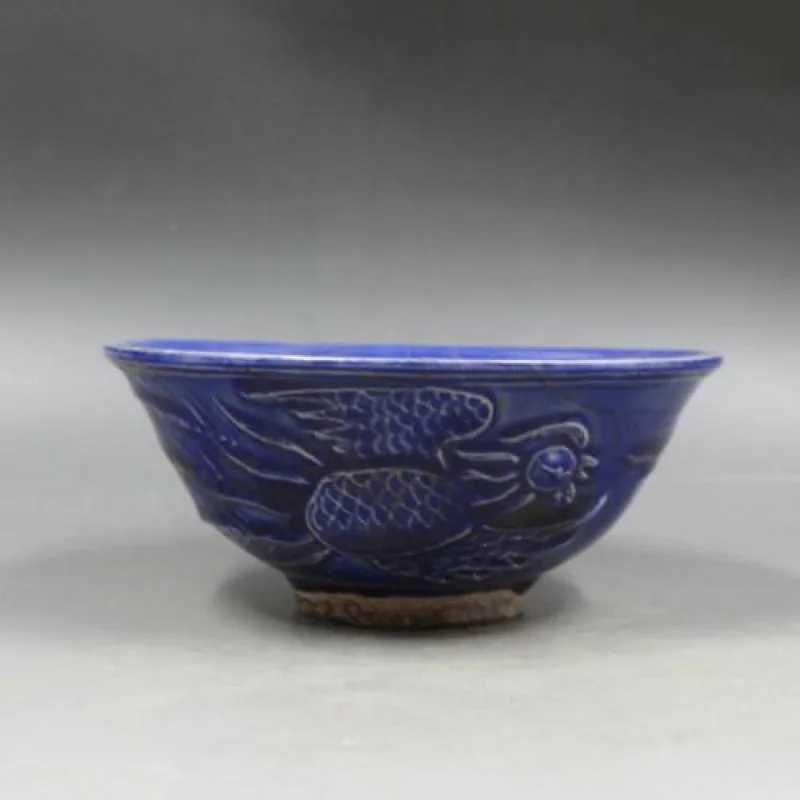 

Chinese Cracked Porcelain Song Jizhou Kiln Blue Hand Carved Phoenix Design Bowl
