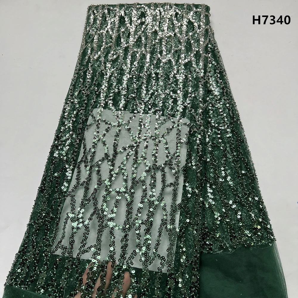 

2023 African Green Lace Fabrics Embroidery With Stones And Beads Sequins Tulle Wedding Dress For Women Sewing Mesh Fabric 5yard