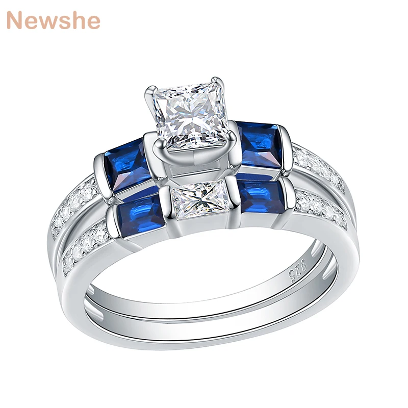 

Newshe 2 Pcs 925 Sterling Silver Rings For Women Wedding Engagement Ring Set 1.24 Ct Princess Cut Sapphire White AAAAA CZ