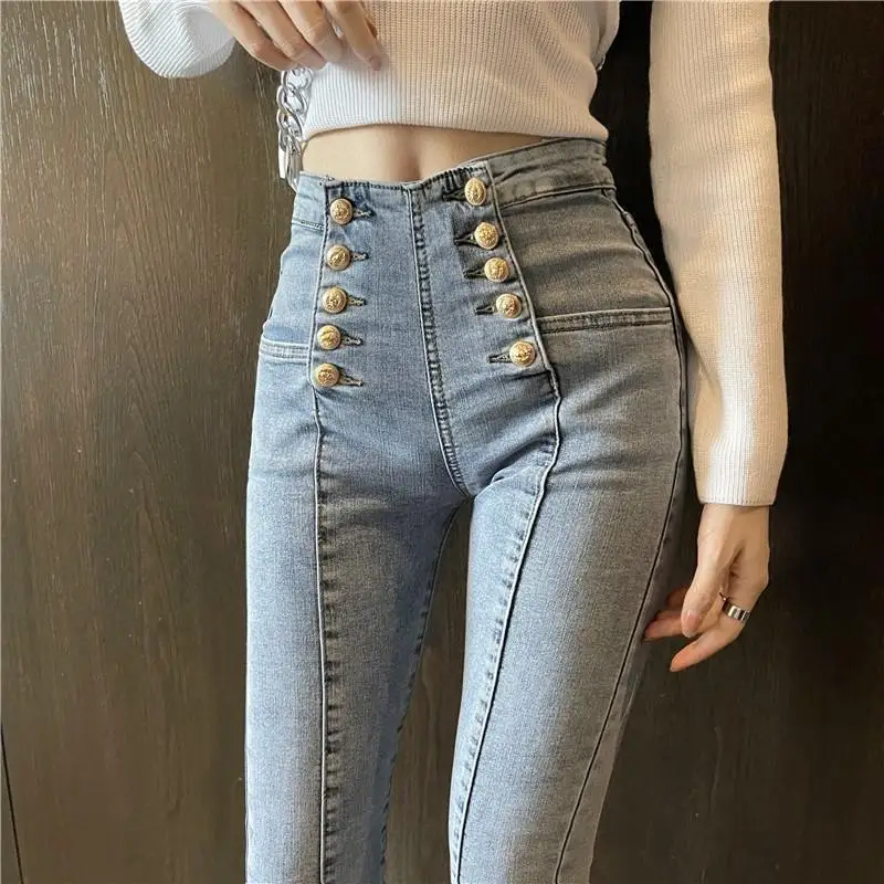 

2022 Casual High-waist Stretch Jeans Slim Double-breasted Denim Trousers Small Feet Fashion Women Clothing Pencil Pants Fit L18