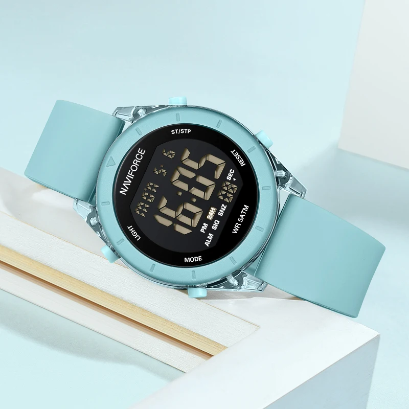 głosem NAVIFORCE nowe zegarki damskie LCD cyfrowy wyświetlacz Trend w modzie Fumed pasek krzemionkowy damski zegarek na rękę 5ATM wodoodporny