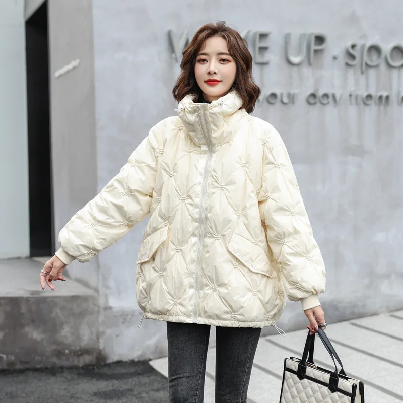 

2022 New Fashion Crumpled Design High Collar Down Jacket Women's White Duck Fleece Warm Coat
