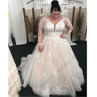 monica women plus size v neck wedding dress full sleeves floral lace tulle backless wedding for 2022 summer new style